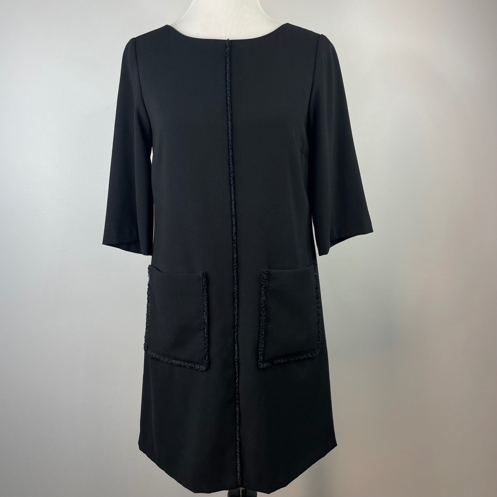 Tahari Arthur S. Levine Black Fringe Trim‎ Pocket Shift Dress Size 4 3/4 Sleeve